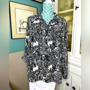 Vintage Notations Tropical Print sheer button up blouse Large Khaki/Black/White